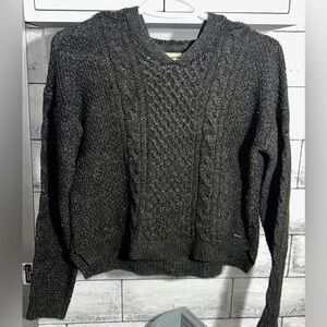 Harlow Cable Knit Pullover Sweater Small Hooded V-Neck Cropped Relaxed Fit Grey
